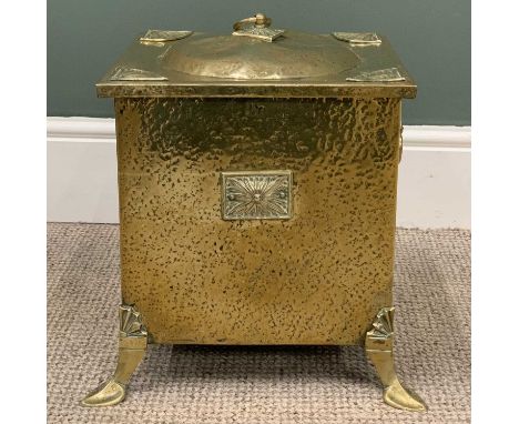 ARTS & CRAFTS STYLE LIDDED BRASS COAL BOX, ring lid lift and carry handles, Egyptian fan type detail, stylised corner feet, 3