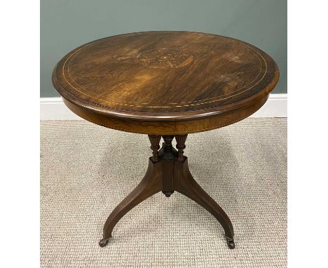 CIRCULAR TOP INLAID ROSEWOOD SIDE TABLE, circa 1900, floriate central roundel, triple urn shaped turned and reeded central pi