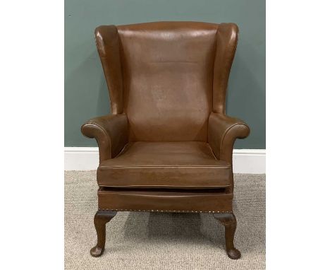PARKER KNOLL WINGBACK ARMCHAIR in brown leather-effect, curled arm ends, metal button detail, Queen Anne front supports, 96 (