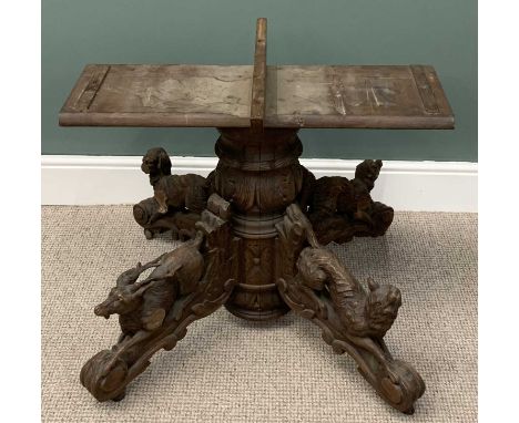 BLACK FOREST TYPE OAK TABLE BASE, substantial four footed carved column, three dogs and a stag detail, horn castors, 69 (h) x