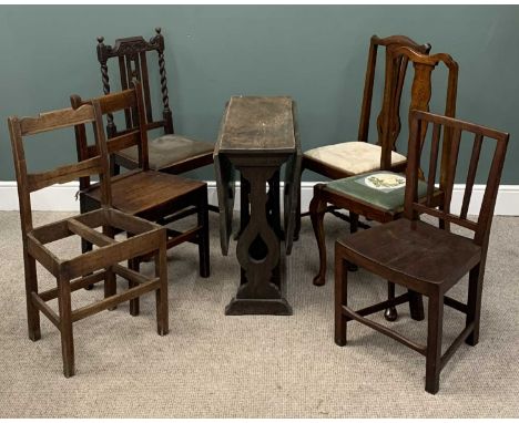 VINTAGE OAK GATELEG DINING TABLE & HARLEQUIN SET OF SIX OAK CHAIRS, 73.5cms (h), 91cms (l), 36cms (w) closed, 104cms (h), 48c