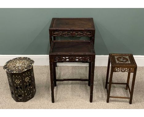 FOUR ORIENTAL TABLES, comprising pair Chinese carved hardwood, leaf and berry frieze detail, bamboo effect supports, 70 (h) x