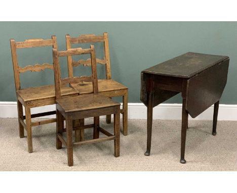 GEORGE III OAK GATELEG TABLE & THREE ELM NEAR-MATCHING FARMHOUSE CHAIRS (2+1), twin flap table, cut off corners, turned taper