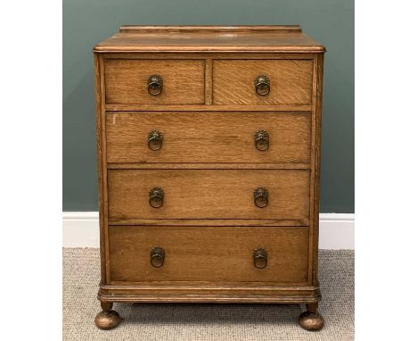 VINTAGE OAK RAILBACK CHEST, two short, three long drawers, circular backplates with ring pull handles, rounded front edging, 