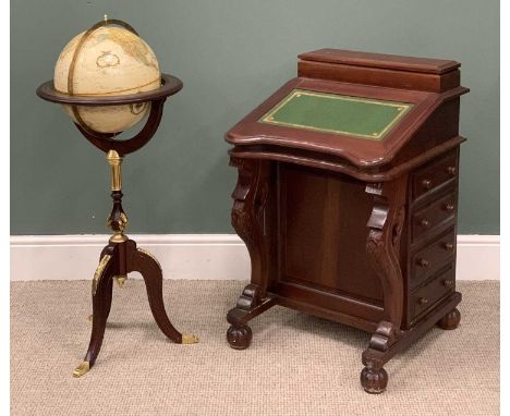 TWO ITEMS REPRODUCTION STUDY FURNITURE, comprising mahogany Davenport, lidded upper box, gilt tooled green insert slope, inte