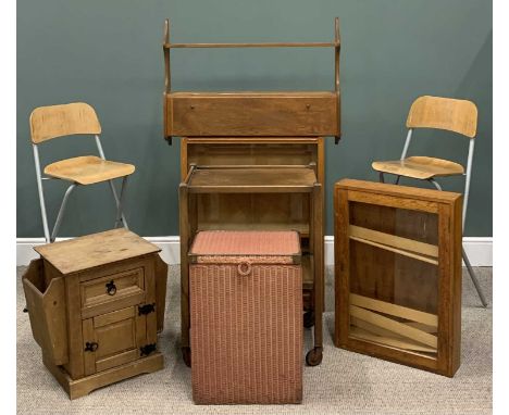 EIGHT ITEMS OF FURNITURE comprising two formed ply and tubular metal high stools, 104 (h), 34 x 34cms seats, Mexican pine sid