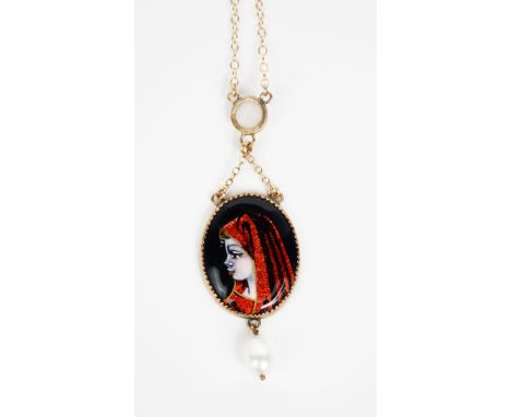 A Limoges enamel portrait of Saint Fabiola Wearing a Red Veil pendant,  after the painting by Jean-Jacque Henner, oval yellow