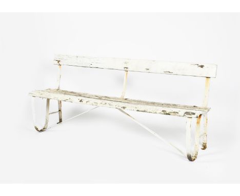 A white painted wood and metal framed bench from Lord's Cricket Ground, 183cm. wide Provenance The collection of Pam and Mark