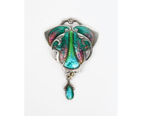 A Smith and Ewen silver and enamel Secessionist pendant, floriform, pierced and cast in low relief, enamelled in shades of bl