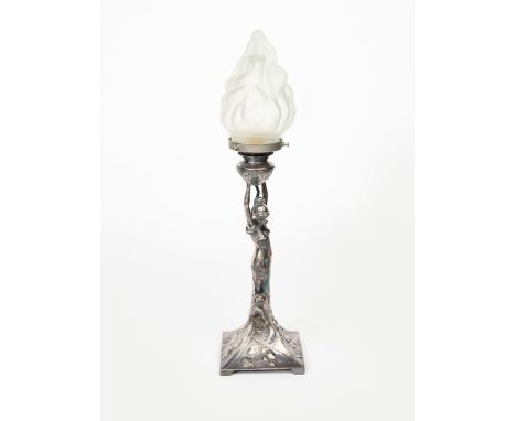 An Art Nouveau electroplated metal figural table lamp probably WMF,  cast as a maiden holding up a foliate urn, a young child