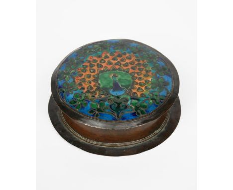 An Arts and Crafts  patinated copper and enamel circular box, possibly American in the Boston School manner, circular section
