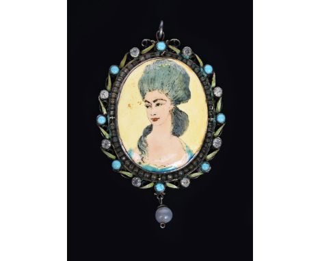 A George Hunt silver and enamel portrait pendant of Anne Lutterell Duchess of Cumberland, dated 1932, the oval panel set in s