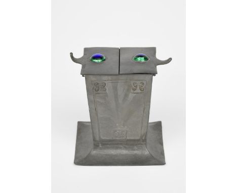 An Osiris Isis pewter and enamel biscuit box after a design by Archibald Knox, model no.436, circa 1905, flaring square secti
