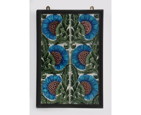 A William De Morgan Early Fulham Period six BBB tile panel, painted in shades of blue, aubergine and green on a white ground,