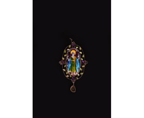 A George Hunt silver and enamel St Francis of Assisi pendant, dated 1933, oval wirework frame with green enamel leaves set wi