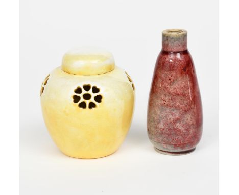 A Ruskin Pottery high-fired stoneware perfume bottle by William Howson Taylor,  shouldered form, covered in a sang de boeuf o