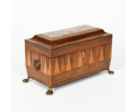? A Tunbridge Ware marquetry Sarcophagus shape tea caddy,  on brass claw feet, rectangular with hinged cover, internally fitt