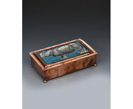 A Guild of Handicrafts copper and enamel box by Arthur Cameron and Charles Robert Ashbee,  the hammered rectangular box on ba