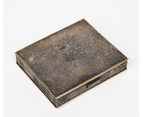 A Line Vautrin silver and bronze minaudiere, rectangular form with hinged cover, textured finish, the interior fitted with mi