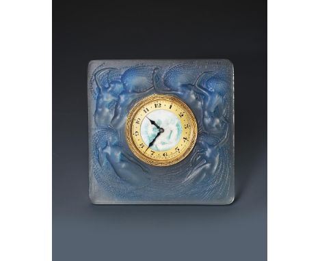 'Naiades' no.764 a Lalique opalescent glass desk clock designed by Rene Lalique,  with blue staining, the dial painted with s