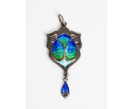 A James Fenton silver and enamel pendant, elaborate shield shape, cast in low relief with foliate stems, enamelled green and 