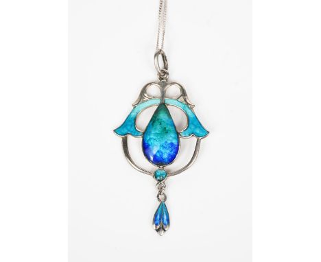 An Art Nouveau James Fenton silver and enamel pendant necklace,  pierced and cast with flower motif enamelled in shades of bl