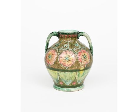 A Della Robbia Pottery vase by John Fogo and PJ,  ovoid twin-handled form, incised with a frieze of Tudor Rose on woven groun