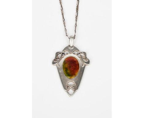 A Liberty &amp; Co silver and enamel pendant designed by Archibald Knox,  pierced entrelac frame with central panel of green,
