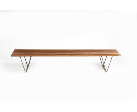 A Hille Interplan slat top bench designed by Robin Day,  seven wooden slats on enamelled metal frame, unsigned, 183cm long, 3
