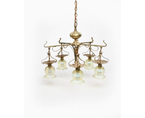 An English Art Nouveau five branch ceiling light,  the radiating five branches with foliate brass reflectors and vaseline gla