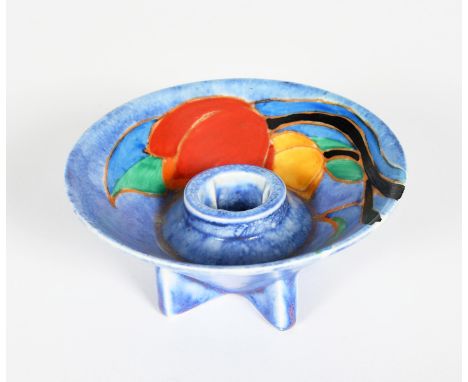 'Clouvre Tulip' a Clarice Cliff Bizarre Conical candlestick, painted in colours on a mottled blue Clouvre ground, printed mar