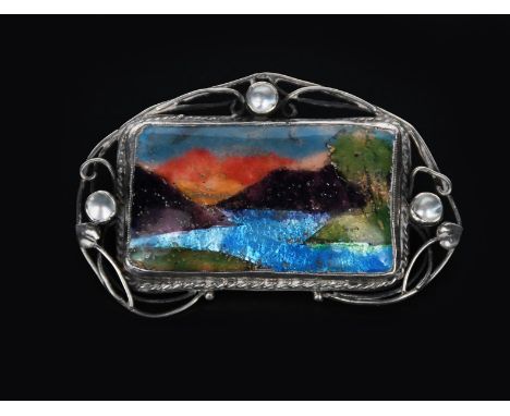 A George Hunt silver and enamel brooch,  rectangular, the wirework frame set with three abalone roundels, with rope twist bor
