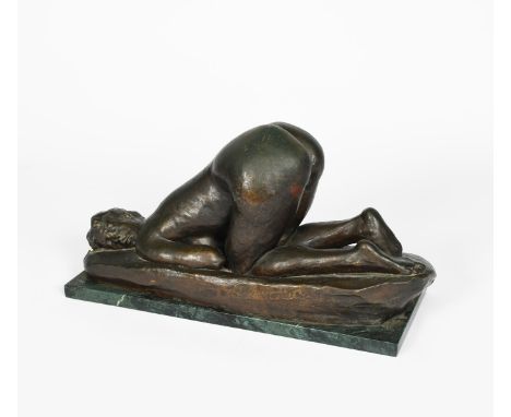 Mathieson Lying Naked Woman patinated bronze erotic sculpture, on veined marble base signed in the cast Mathieson 1.6 47cm. w