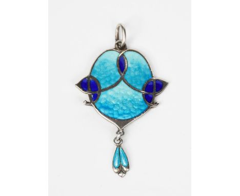 A James Fenton silver and enamel pendant,  ovoid cast in low relief with entrelac motif, enamelled in shades of blue, with si