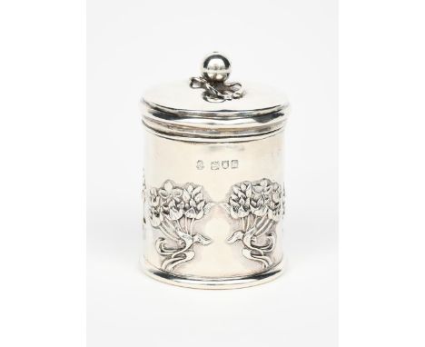 An Arts and Crafts William Hutton silver string box and cover designed by Kate Harris,  cylindrical, cast in low relief with 