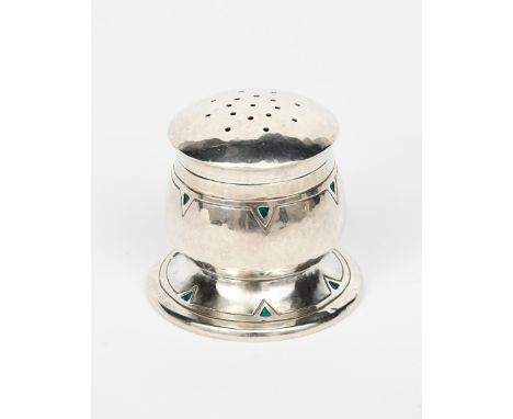 A Liberty &amp; Co silver and enamel pepper pot, model no.492, ovoid with flaring foot, hammered finish decorated with bands 