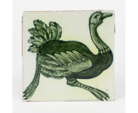 A William De Morgan Late Fulham Period Running Ostrich tile, painted in green on a white ground, impressed factory mark, 15.5