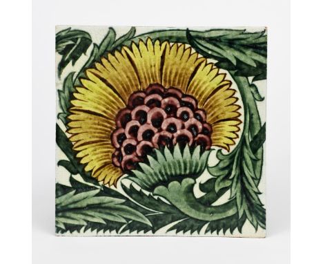 A large William De Morgan Early Fulham Period BBB tile, painted in shades of yellow, aubergine and green on a white ground, i
