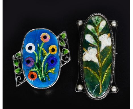 A George Hunt silver and enamel brooch, dated 1922, the oval wirework frame with rope twist border, set with oval enamel pane