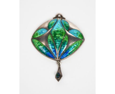 A Smith and Ewen silver and enamel pendant necklace, elliptical form cast in low relief and enamelled in shades of blue and g