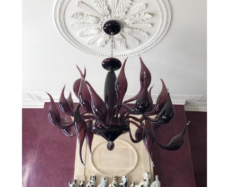 An LU Murano amethyst glass chandelier by Fabio Fornasier, each blown floriform branch set with led light to tip, unsigned 57