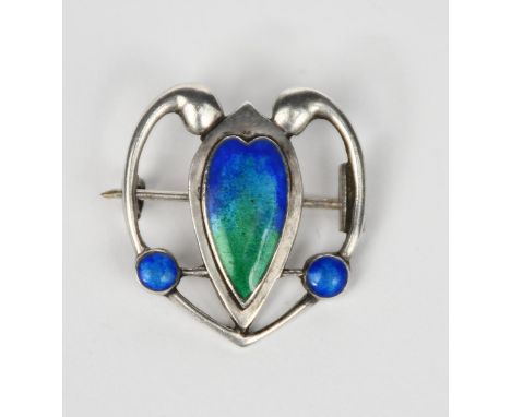 A George Houston silver and enamel pendant,  shield shaped central panel with pierced  scroll border, enamelled in blue and g