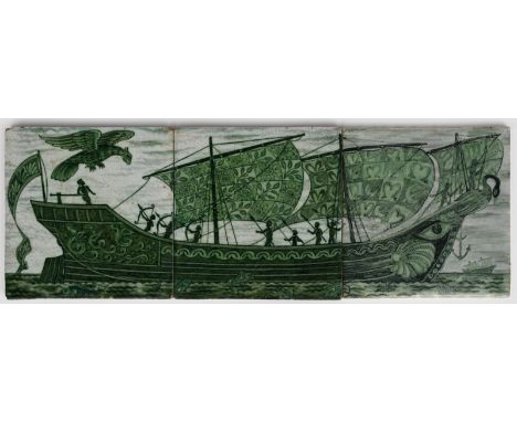 A William De Morgan Late Fulham Period Galleon three tile panel,  painted in shades of green with a classical long ship saili
