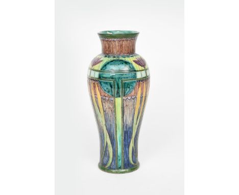 A fine Della Robbia Pottery Art Nouveau vase by Cassandia Annie Walker,  dated 1904, slender, baluster form, incised and pain