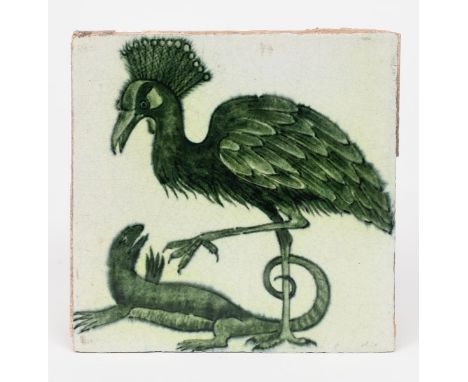 A William De Morgan Late Fulham Period  Secretary Bird and Lizard tile, painted with a Secretary Bird above a lizard its tail