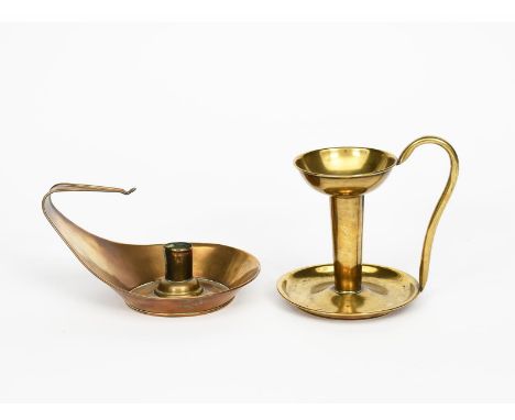 A Richard Perry &amp; Son brass chamberstick designed by Dr Christopher Dresser,  circular bowl with pulled rim forming handl
