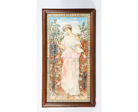 A large Aesthetic Movement  two tile panel probably Minton's or W B Simpson &amp; Sons,  painted with a standing female class
