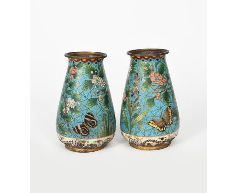 A pair of Elkington &amp; Co cloisonne enamel vases,  tapering cylindrical form with everted top rim, decorated with butterfl