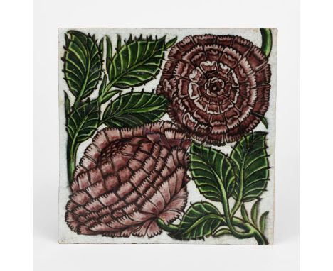 A large William De Morgan Chelsea Period Double Rose tile,  painted in shades of aubergine and green on a white ground, impre