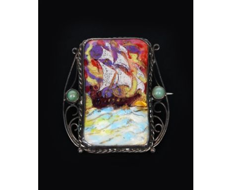 A George Hunt silver and enamel brooch, dated 1924, rectangular wirework frame set with two green jade cabochon, with corded 